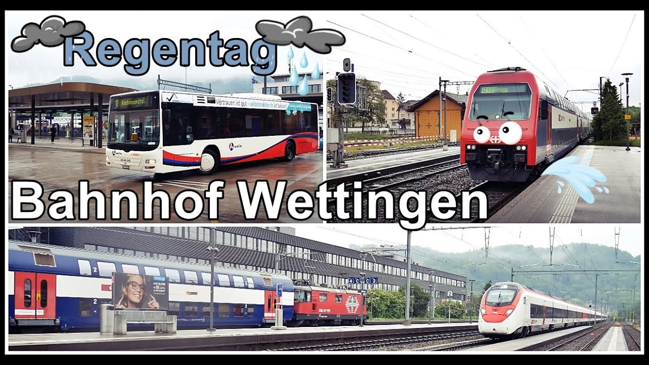Trains, Bus and rainy weather / Personenzüge beim Bahnhof Wettingen, Aargau, Schweiz 2020