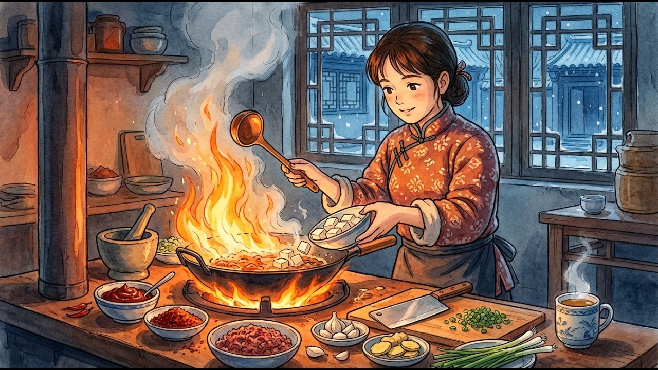 Snow Outside, Fire Inside 🍚🐾 | Traditional Mapo Tofu in a Chinese Courtyard (Ghibli Style ASMR)