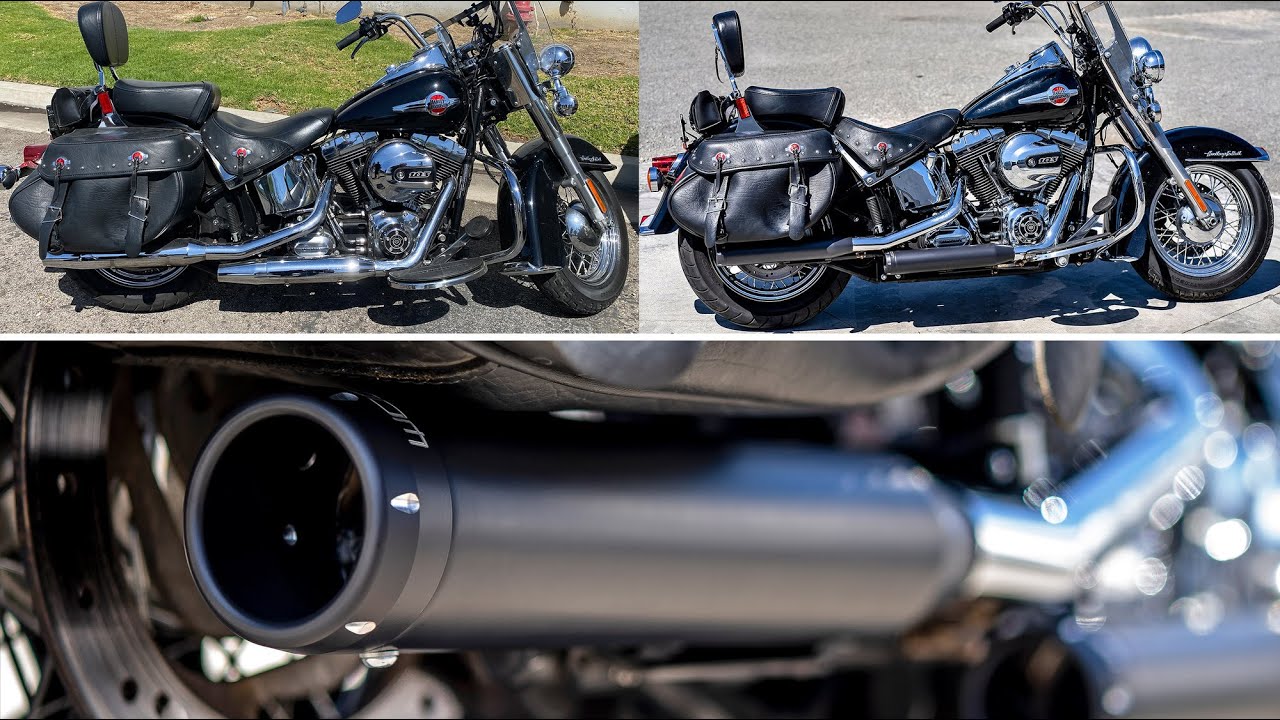 Harley Heritage Softail Deluxe Stock vs Freedom Exhaust 3.5" Slip-ons