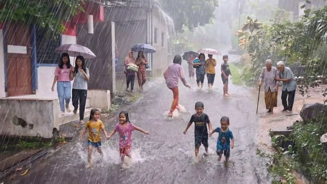Heavy Rain Over a Rural Village — Children Playing Freely Under a Stormy Day Sky
