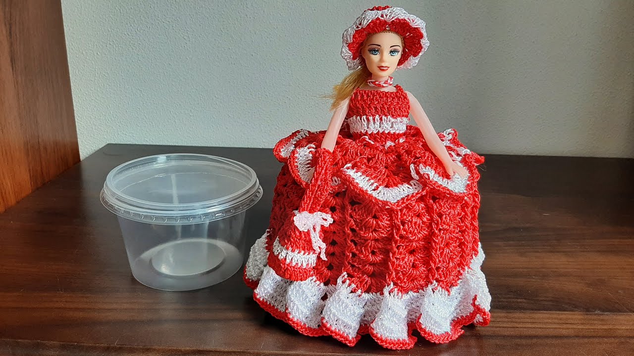 Peso de porta boneca de crochê na vasilha de margarina ❤️ (passo a passo)