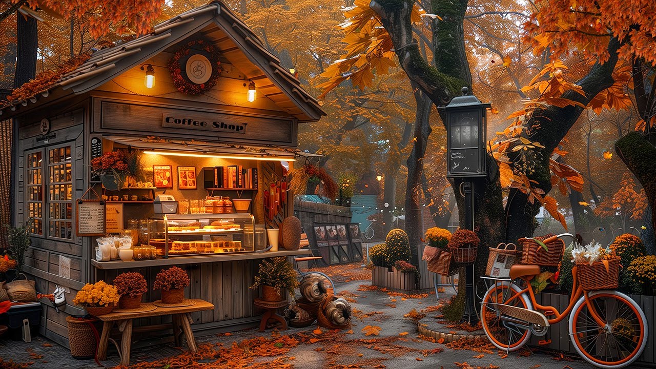 Soothing Autumn Jazz Music to Relax☕ Coffee Shop Outside The Park & Scenery of Falling Autumn Leaves