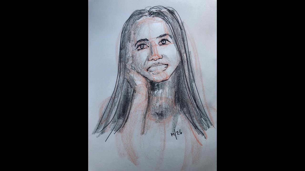 Drawing woman smiling resting on wrist