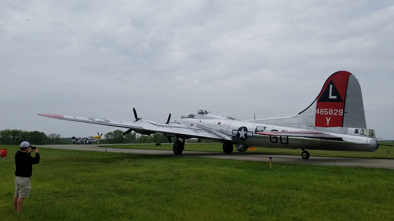 P-51 Mustangs and B-17 Flying Fortresses taxiing and taking off