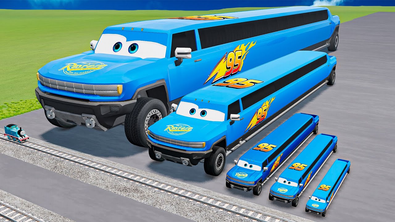 Big & Small Long Blue Hummer Limousine McQueen VS Train | BeamNG.Drive