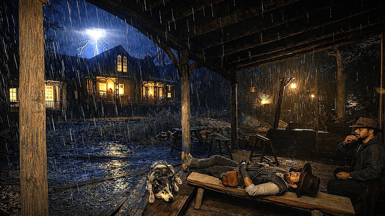 John Takes shelter On Cozy Bench with His Dog Under a Tin Roof During a Thunderstorm | RDR2 ASMR