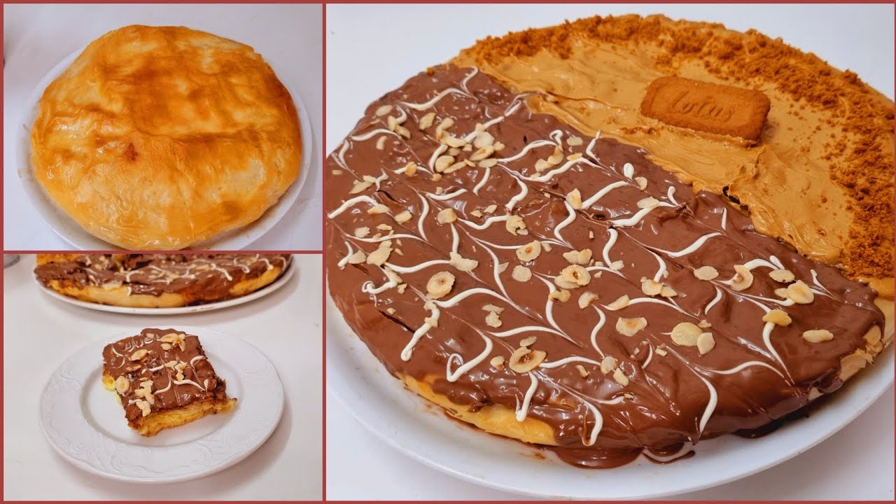 فطيرة الكاسترد العائلية  نص نوتيلا نص لوتس فطيرة بدون دقيق وبدون عجن