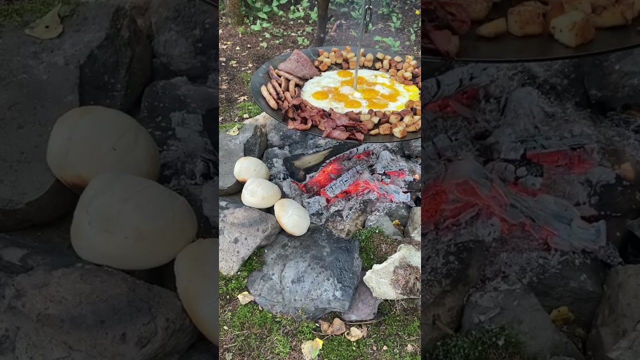 Breakfast is served, who&rsquo;s in? - perfect breakfast setup in the wilderness - outdoor cooking 🔥