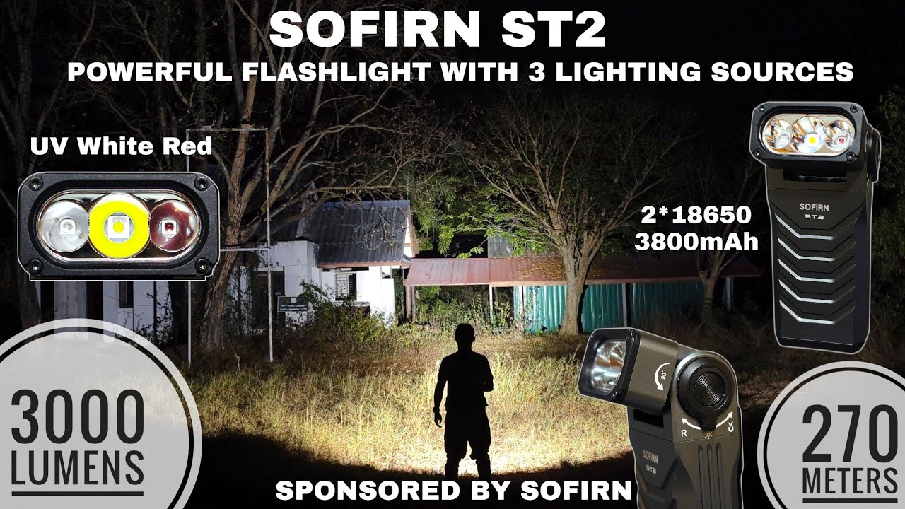 Sofirn ST2 — мощный фонарь с 3 источниками света: белый свет: 3000 лм, красный: 130 лм и УФ-излуч...