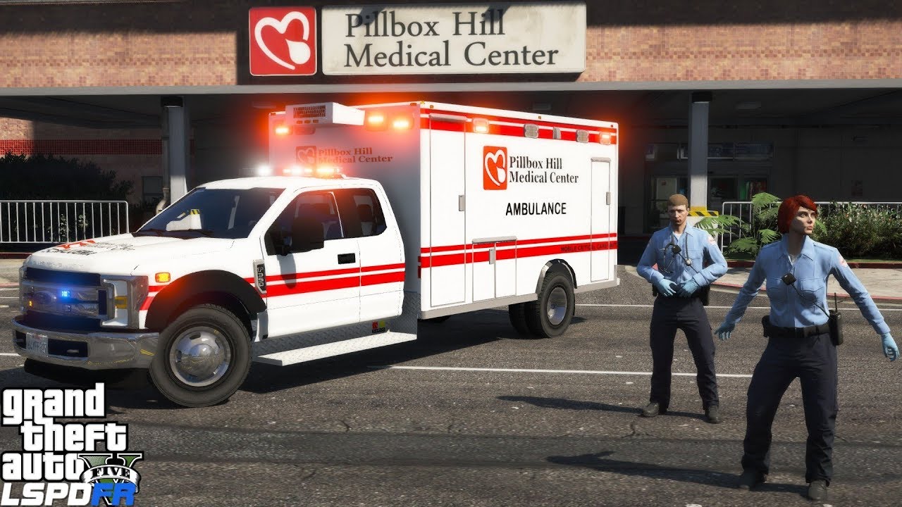 Мод GTA 5 Paramedic: медицинский центр Pillbox Hill, машина скорой помощи EMS, реагирующая на экс...
