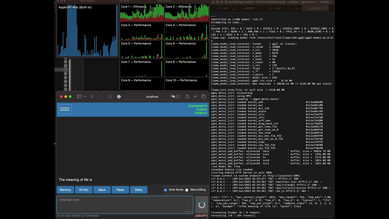 koboldcpp runs LLaMA 65B ggml q4_0 using Apple MPS Inference