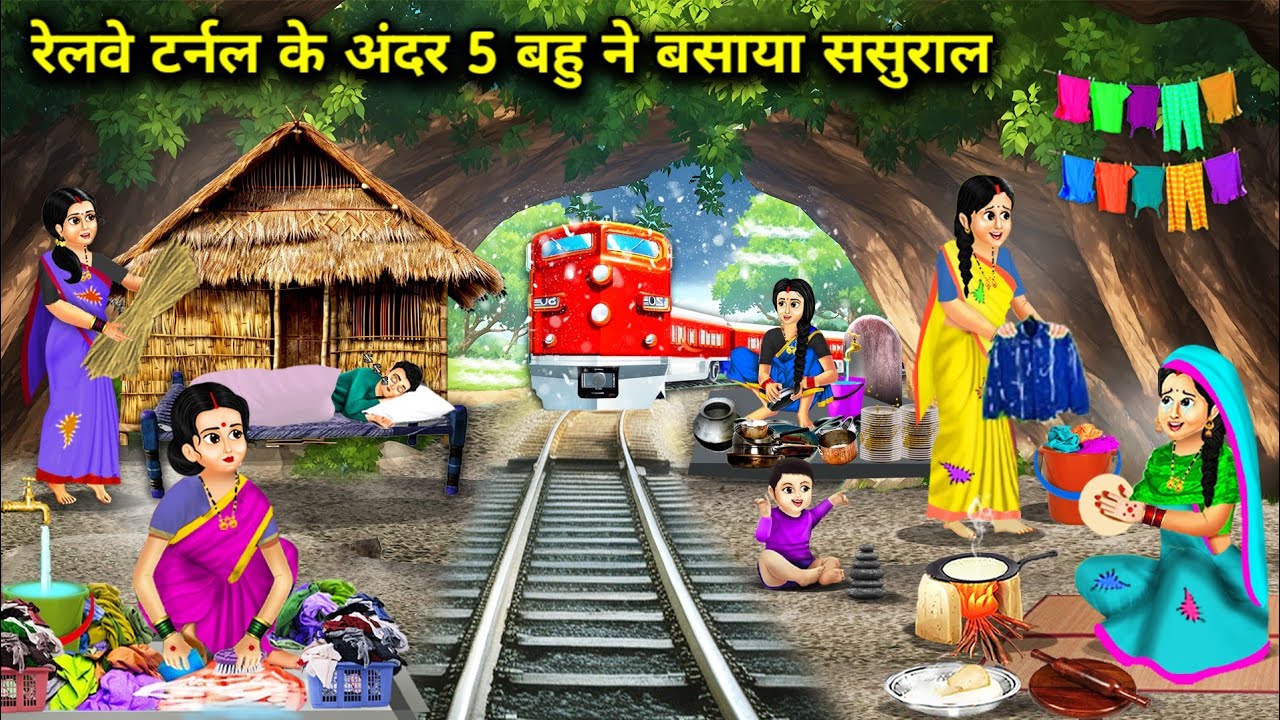 रेलवे टर्नल के अंदर 5 बहु ने बसाया ससुराल || Hindi Cartoon Stories || Saas Bahu ki Ghar Gharsthi ||