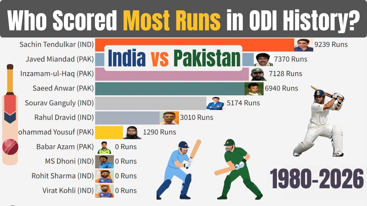 India vs Pakistan 🏏 | Who Scored Most Runs in ODI History? (1980–2026)