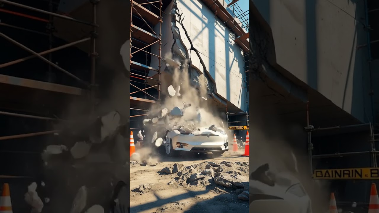 Tesla Crushed by Falling Concrete Slab 😱 #shorts #viral #tesla