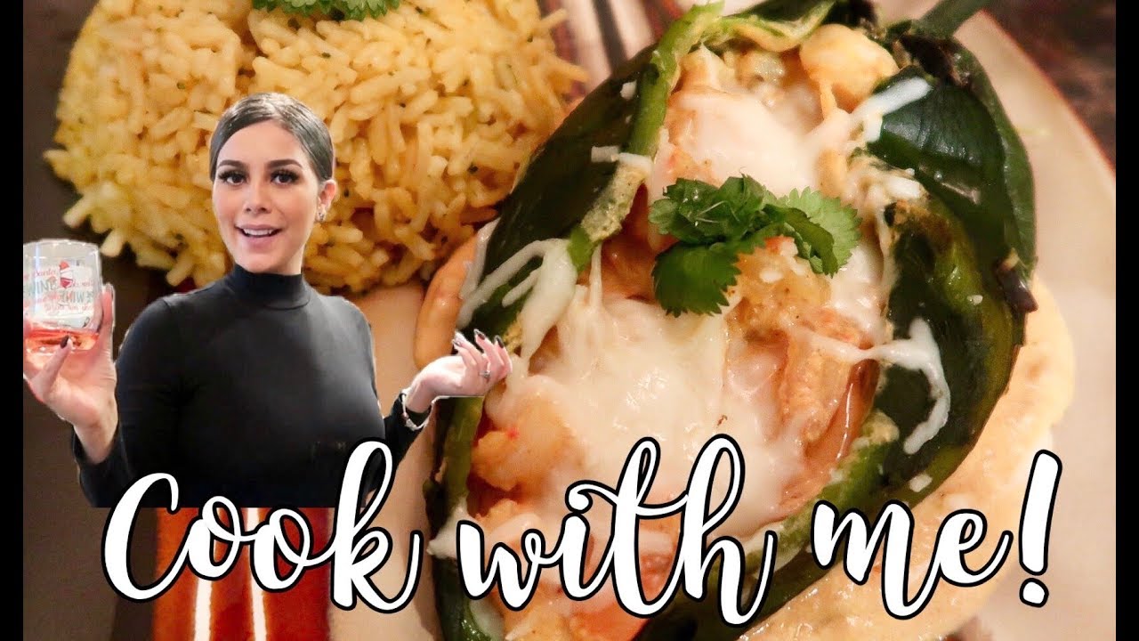 Cook with me! Stuffed Poblano Peppers with Cheese & Shrimp in a Creamy Chipotle Sauce!