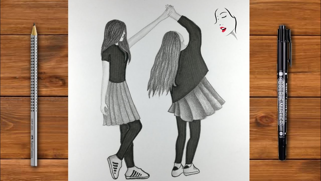 How to draw two Best Friends Together Easy | How to draw a Girls Easy - step by step for beginners