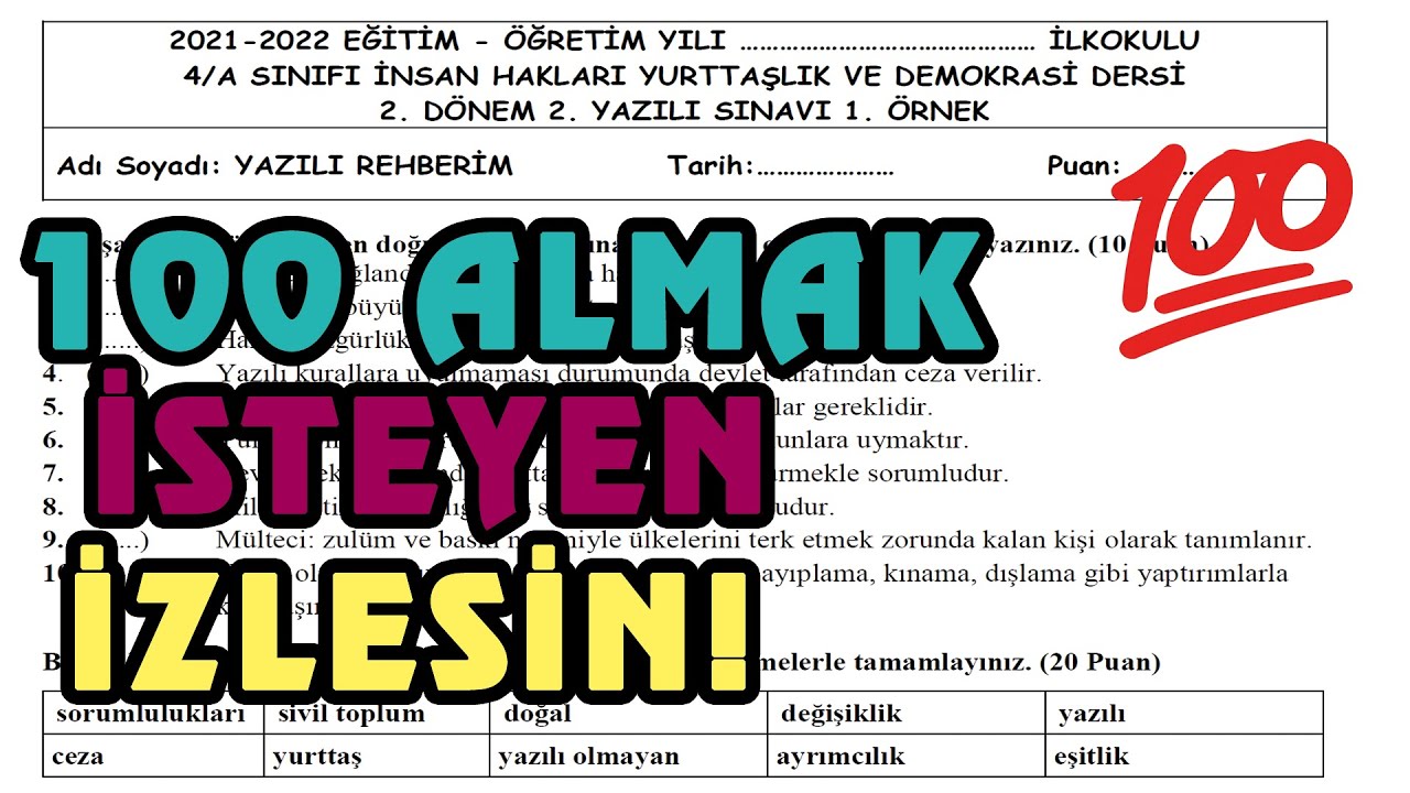 4. Sınıf İnsan Hakları 2. Dönem 2. Yazılı  | 1. Örnek 2022