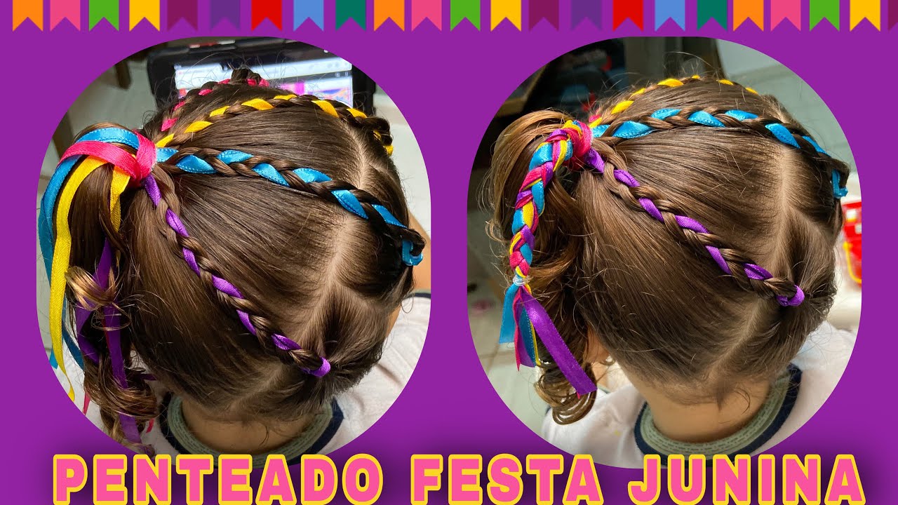 Penteado para festa junina | penteado colorido com fita | penteadinho infantil
