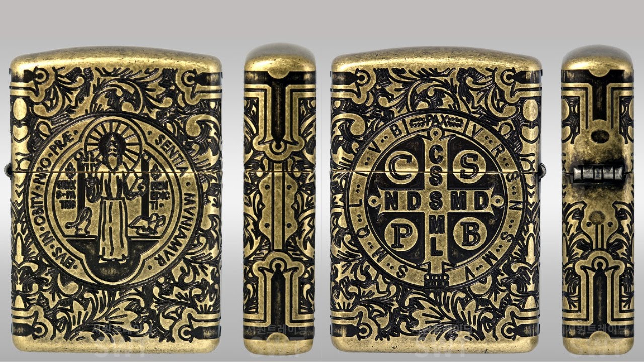 zippo armor luxury 360 multicut antique brass chủ đề thánh Benedict