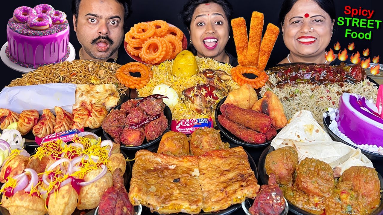 LUCKY STREET FOOD EATING CHALLENGE SPICY MOMO, NOODLES EGGROLL, PASTRY, PANIPURI MUKBANG VIRAL VIDEO