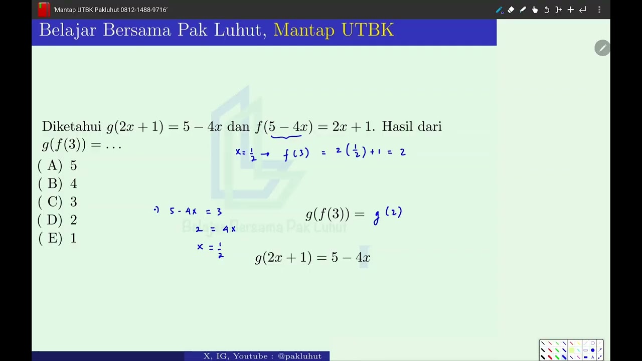 Diketahui g(2x + 1) = 5 − 4x dan f(5 − 4x) = 2x + 1  Hasil dari g(f(3)) = ...
