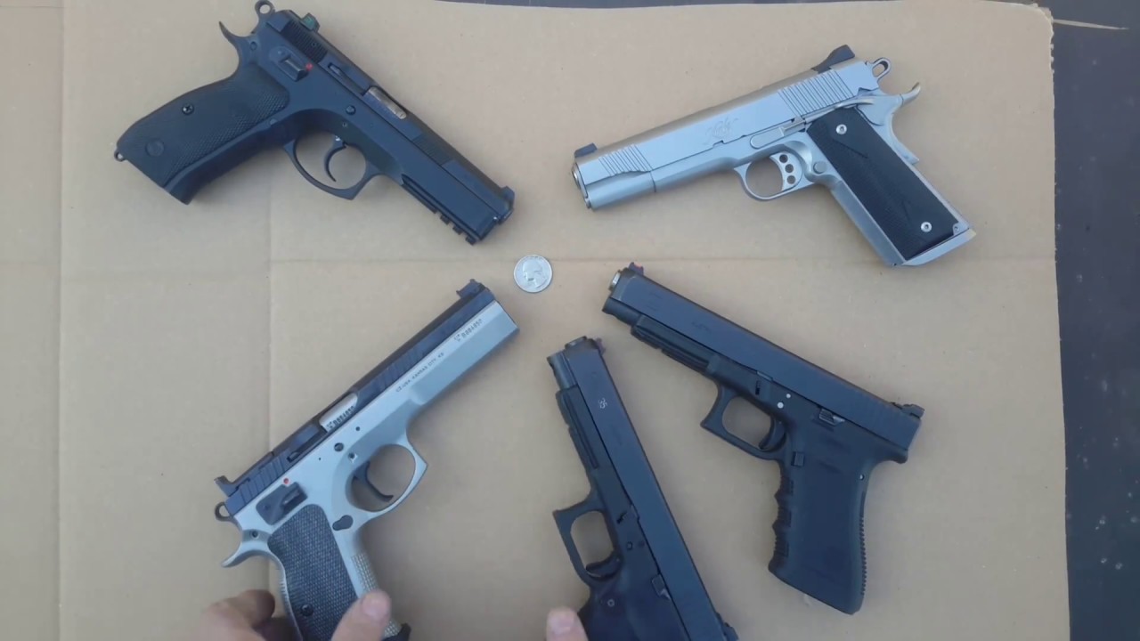 Glock 34, 35, CZ SP-01, CZ Tactical Sports & Kimber 1911...Which one can hit a Quarter?