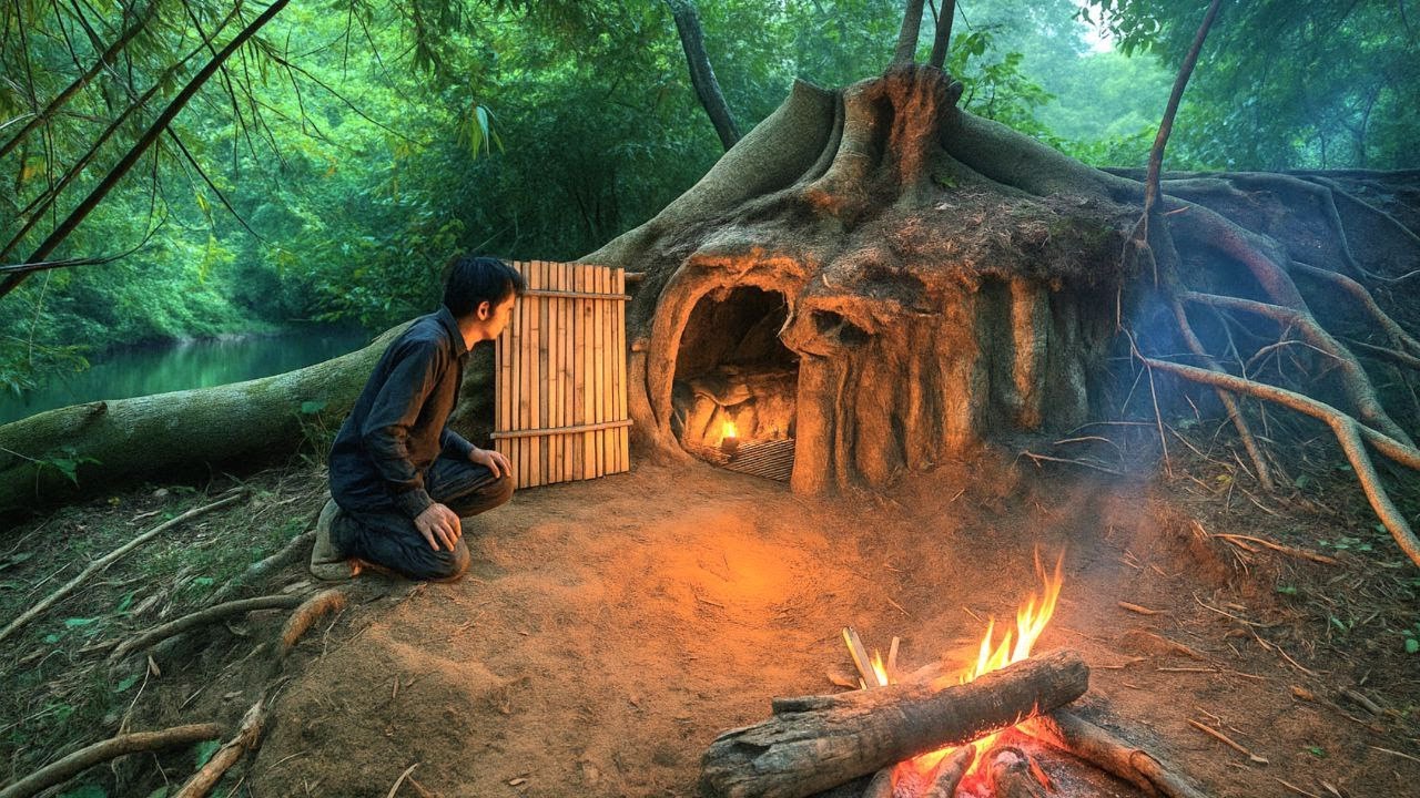 Building a Shelter Under a Giant Tree Root by the Water in the Forest &ndash; One Night Stay