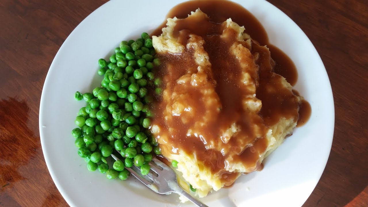 Mashed Potatoes and Gravy with Peas - No butter/milk