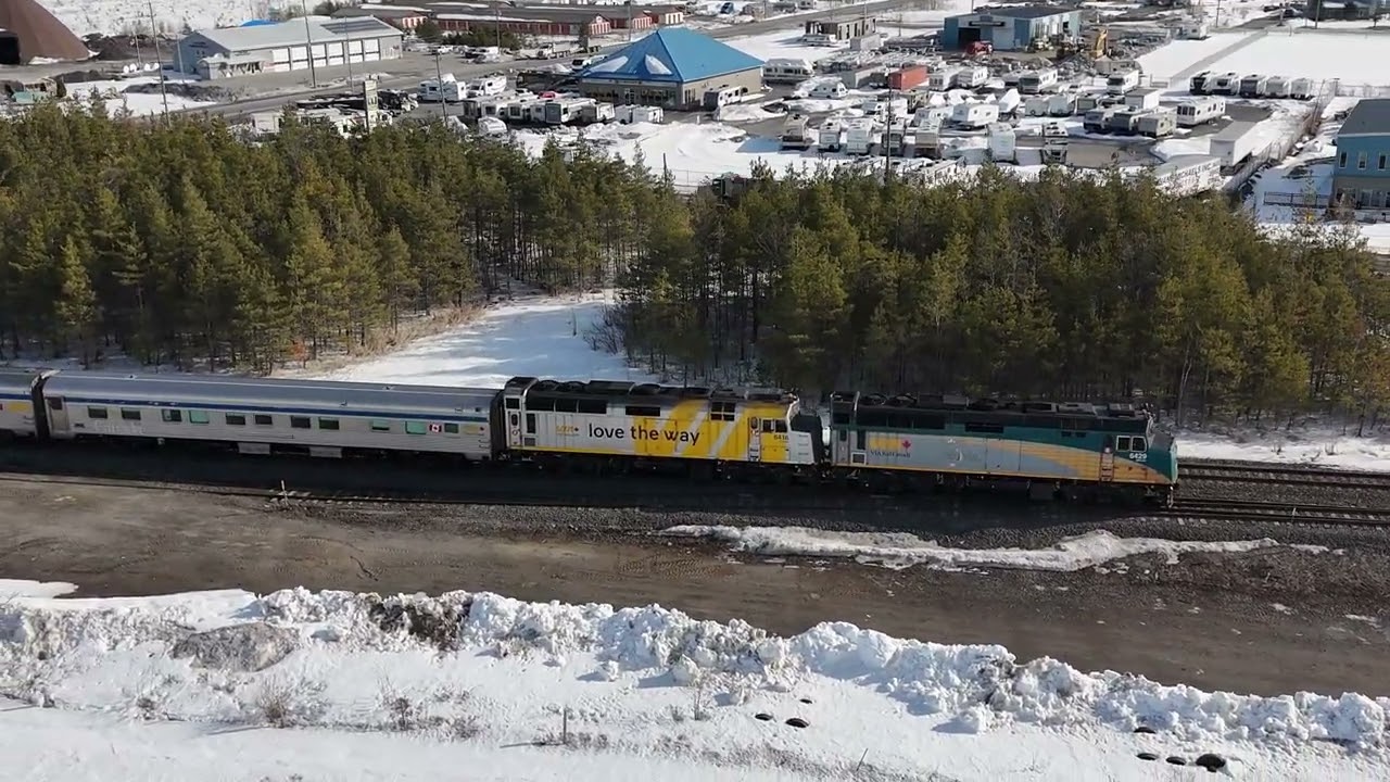 VIA Rail 'Canadian' meeting CN 107 at Brechin, Ontario (Drone Footage)