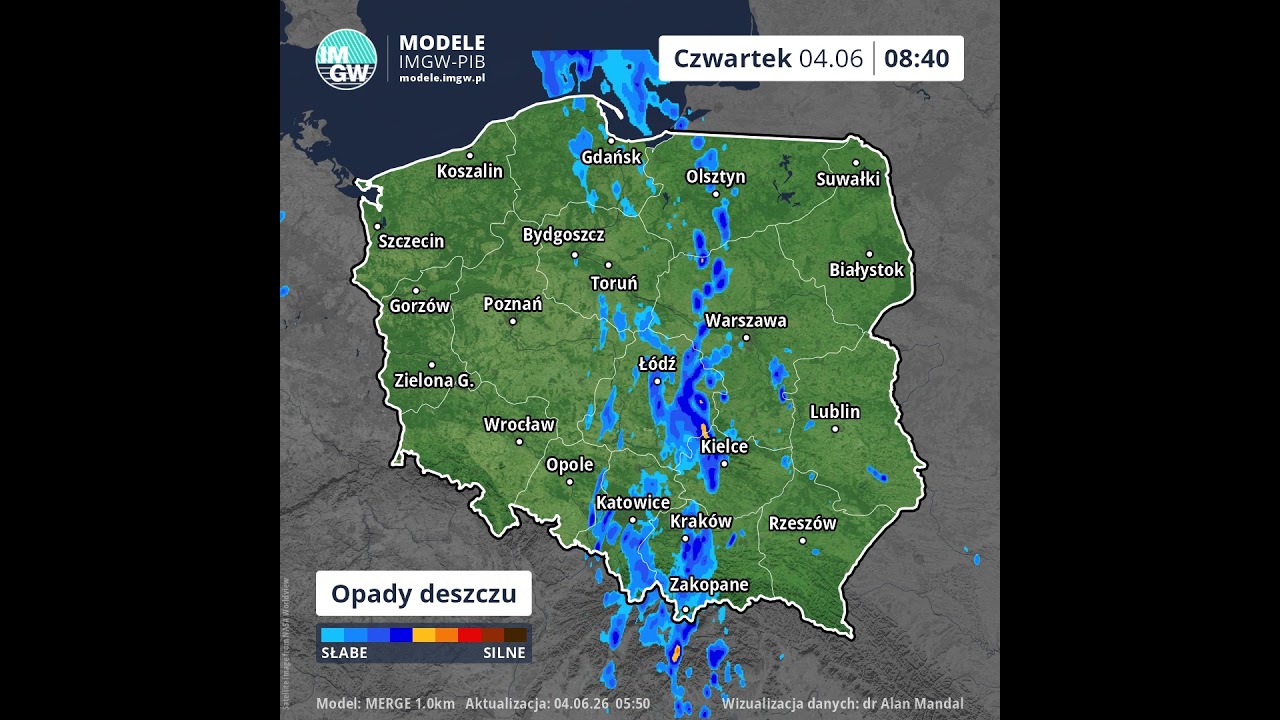 Prognoza opadu na 8 godzin (Model MERGE) 3.06.2026 #ostrzeżenia  #imgw  #ostrzeżenia  #news