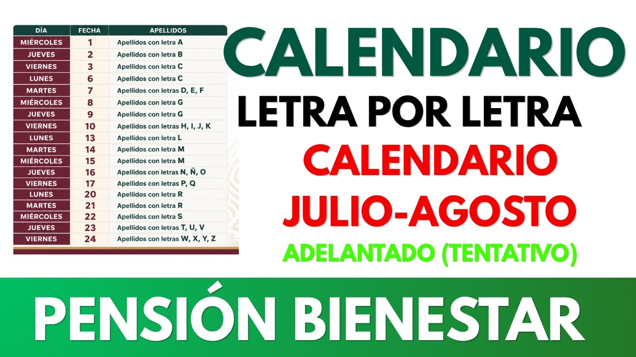 CALENDARIO DE PAGOS JULIO-AGOSTO PENSI&Oacute;N BIENESTAR 2026 💳 FECHAS POR LETRA