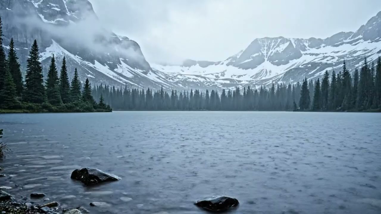 Rainy Mountain Lake Surrounded by Snowy Peaks  6 Hours Cold Lake Rain Ambience for Deep Sleep