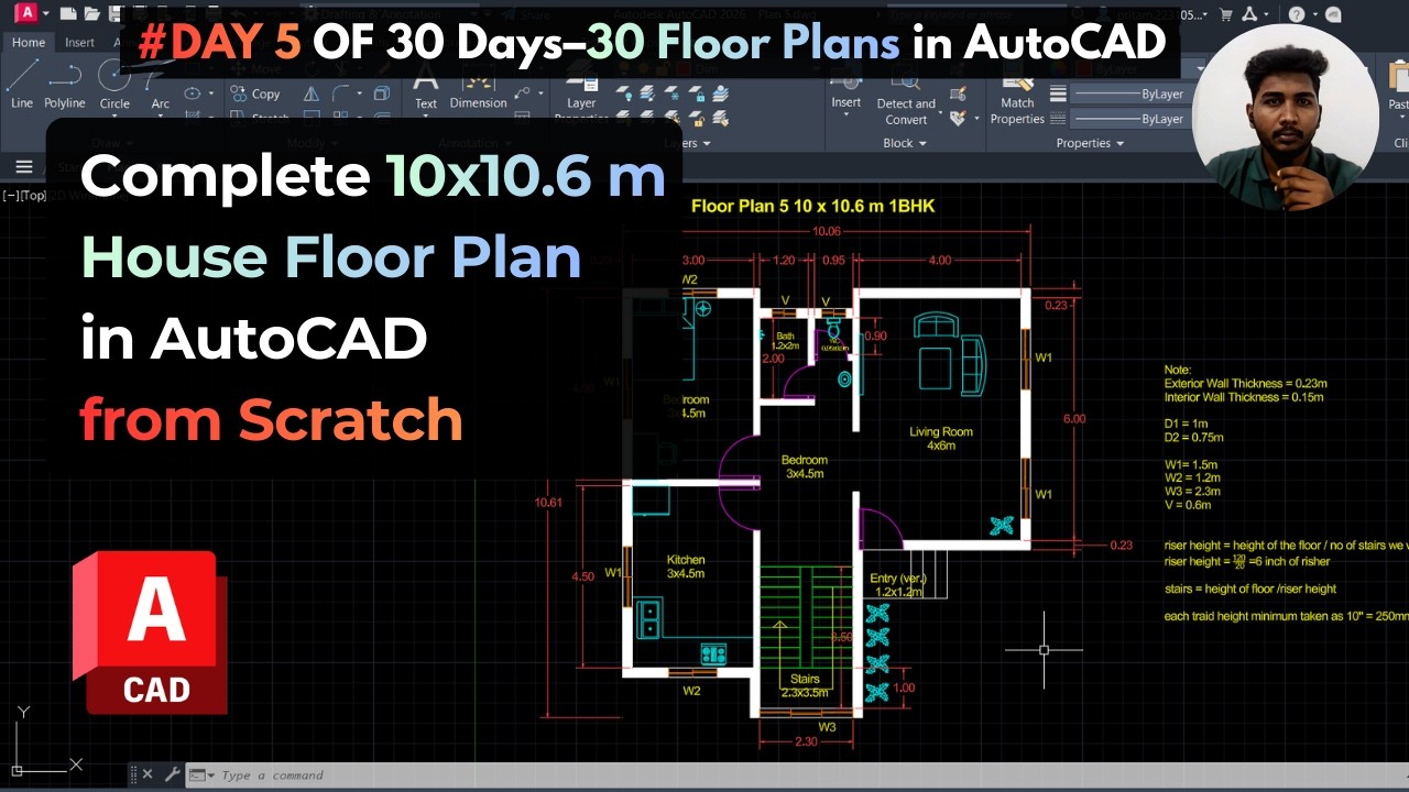 DAY 5 | 10×10.6m 1BHK Floor Plan in AutoCAD | One Shot Complete Tutorial