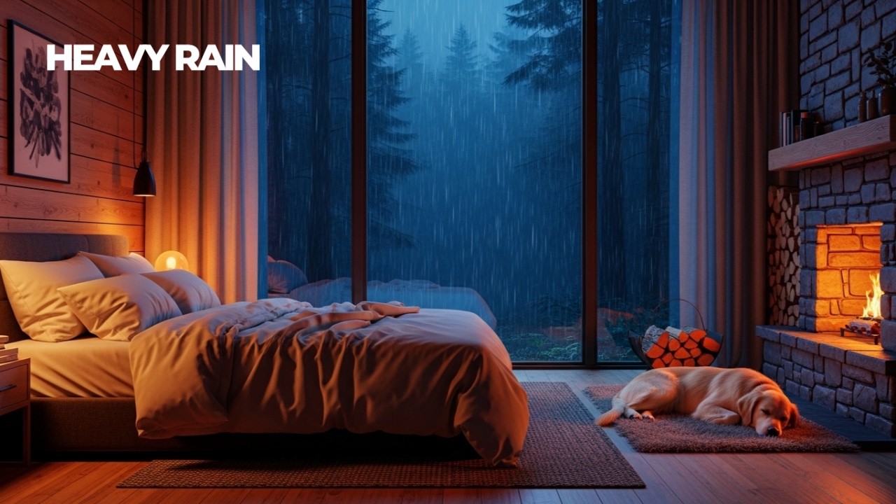 Heavy Rain in a Cozy Forest Bedroom | Fireplace & Sleeping Dog (3 Hours)