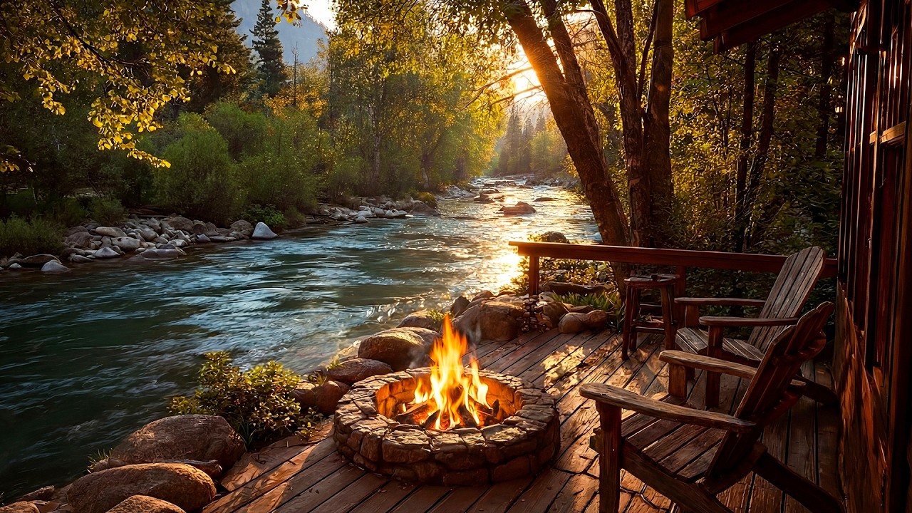 Relaxing Cabin by the River - Peaceful Porch, Soothing Campfire Sounds & Tranquil Nature Ambience