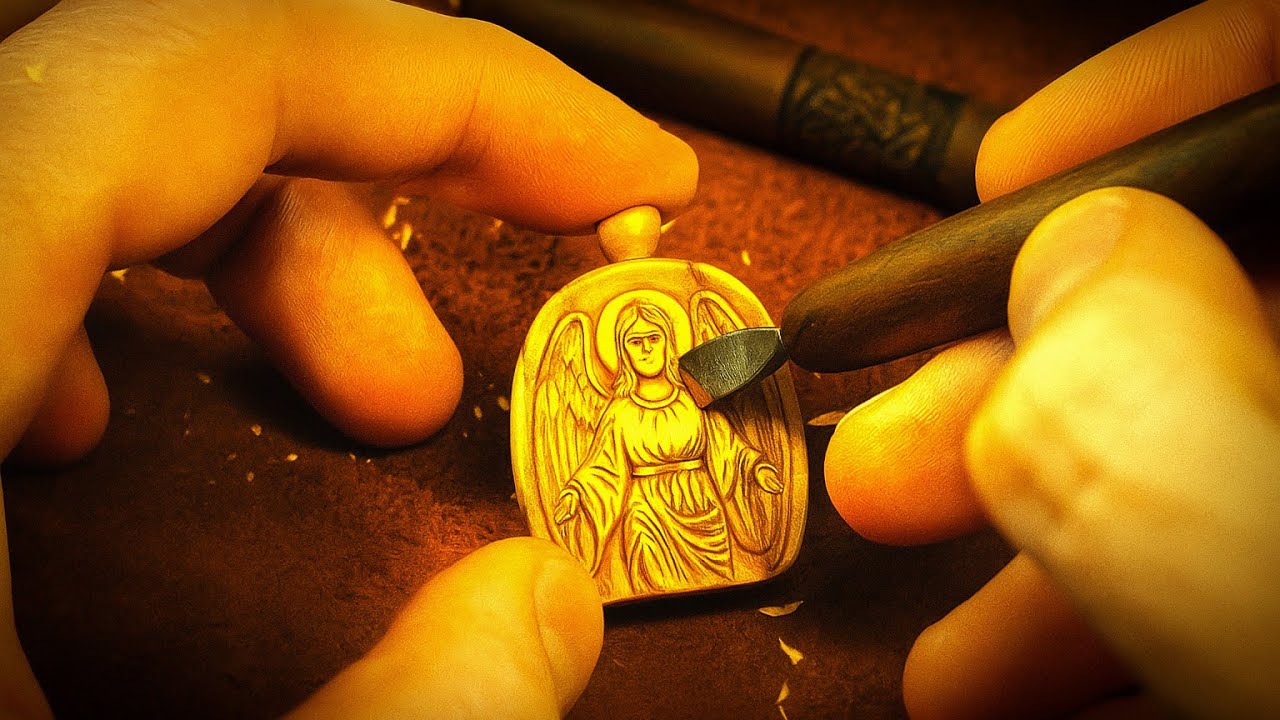 Wood Carving a Guardian Angel Pendant by Hand – Made from Olive Wood