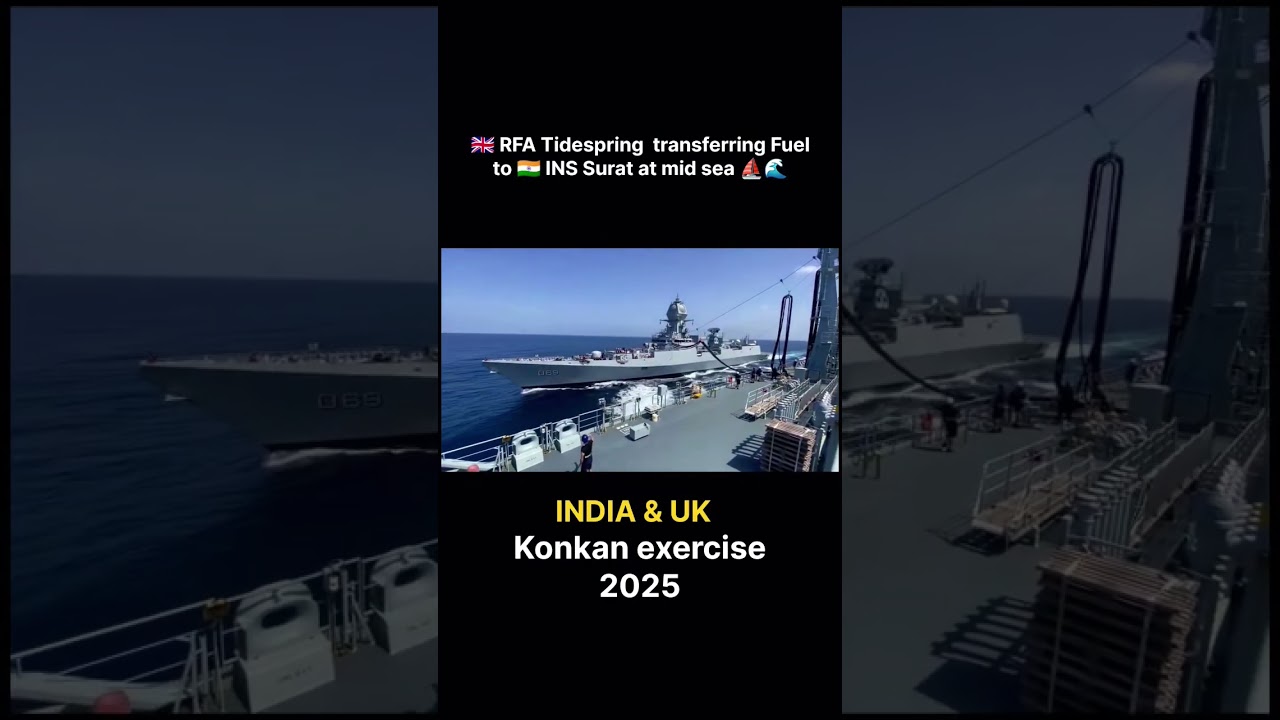 Fuel transferring at midsea to INS SURAT by RFA Tidespring of UK #india #indiannavy #uk #shorts