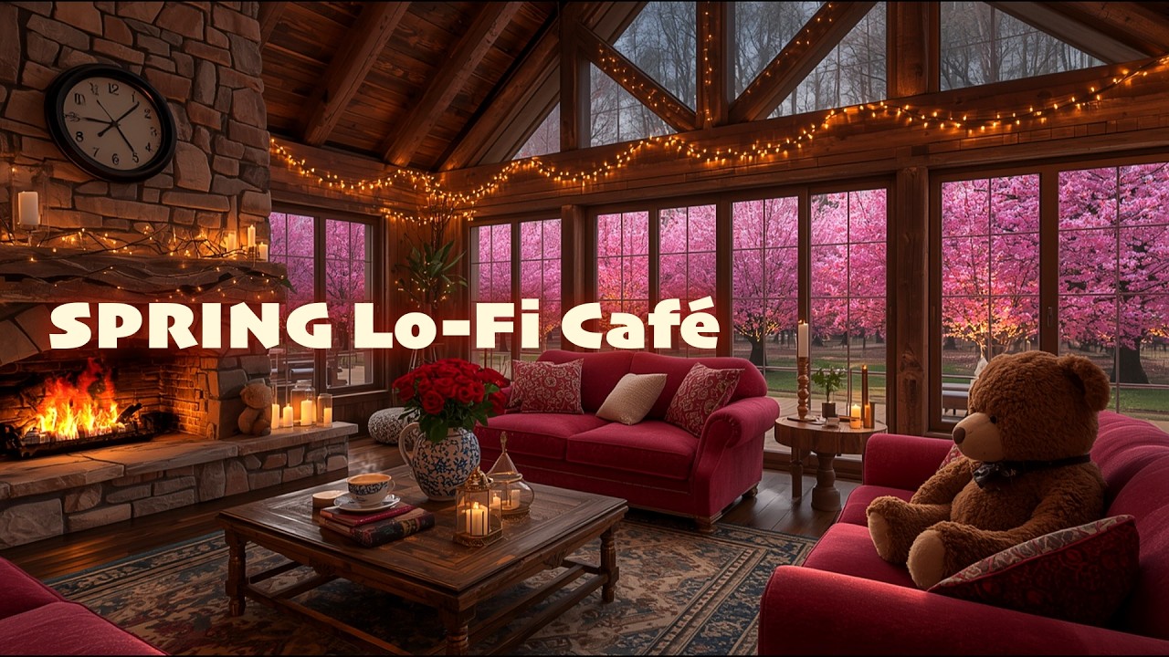 🔥 Spring Cherry Blossom Jazz | Cozy Cabin Fireplace for Focus & Deep Relaxation