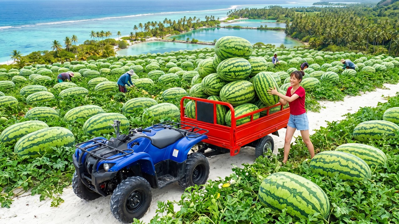 Harvesting 1,000kg of Giant Watermelons from a Remote Island and Transporting Them All to the Market