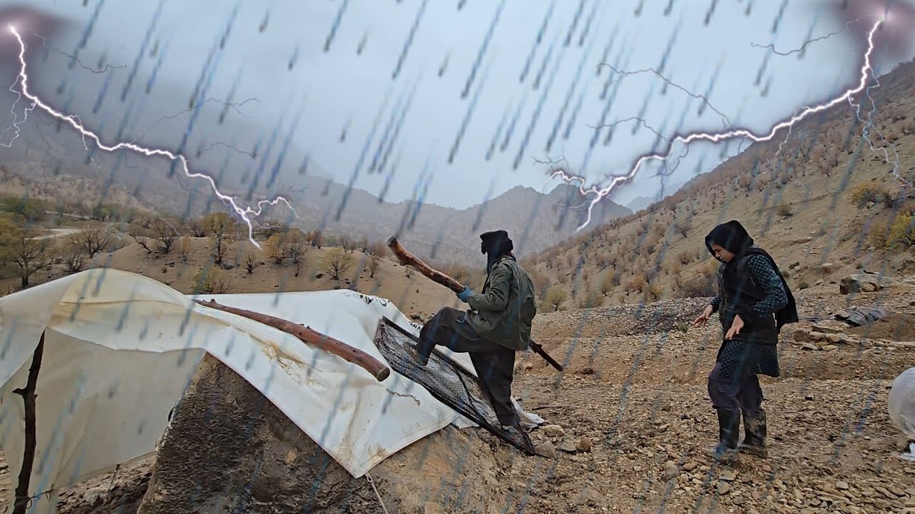 Rain Heavy  in the mountains | Nomadic family tries to build shelter