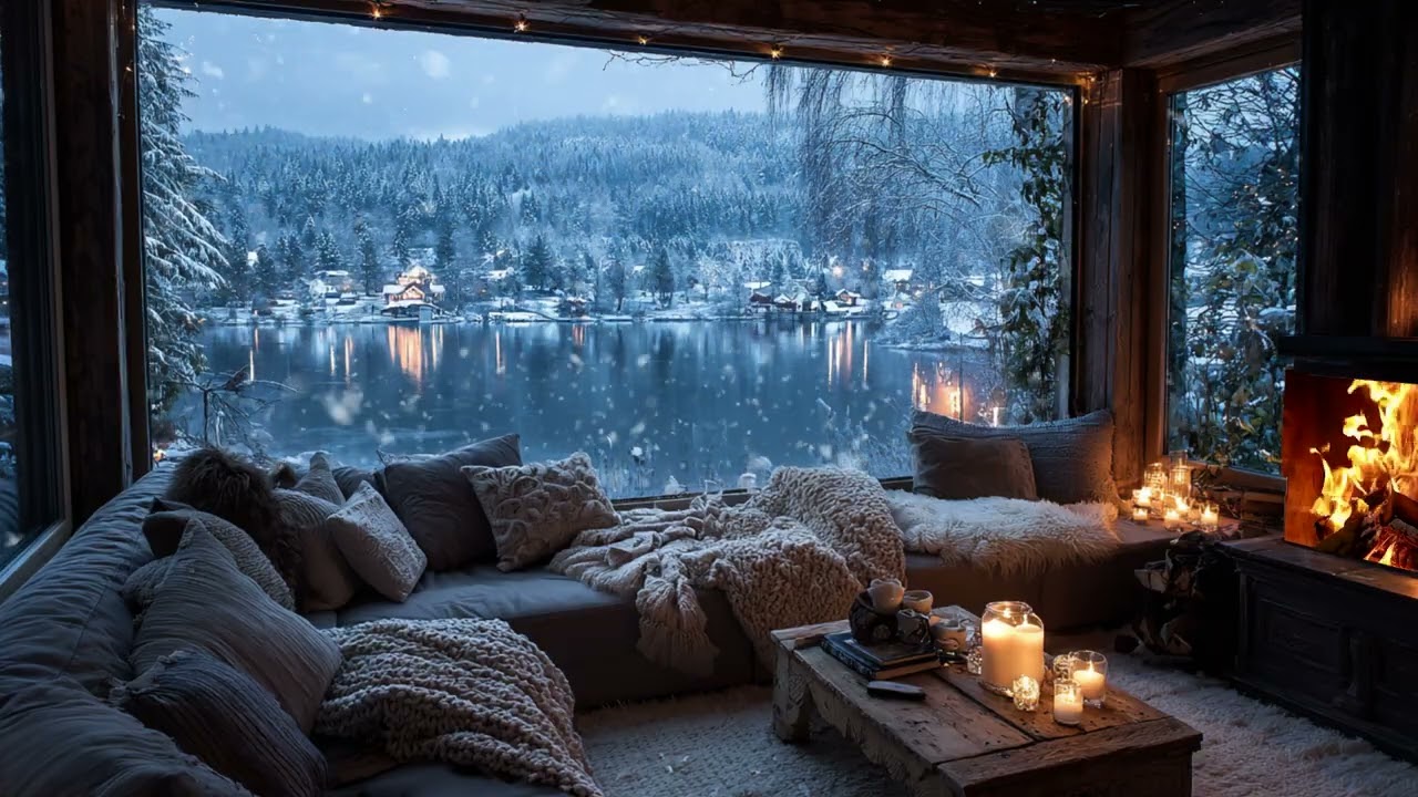 Continuous Snow Wind and Crackling Fireplace ❄️ Cozy Cabin Sounds for Fast Sleep