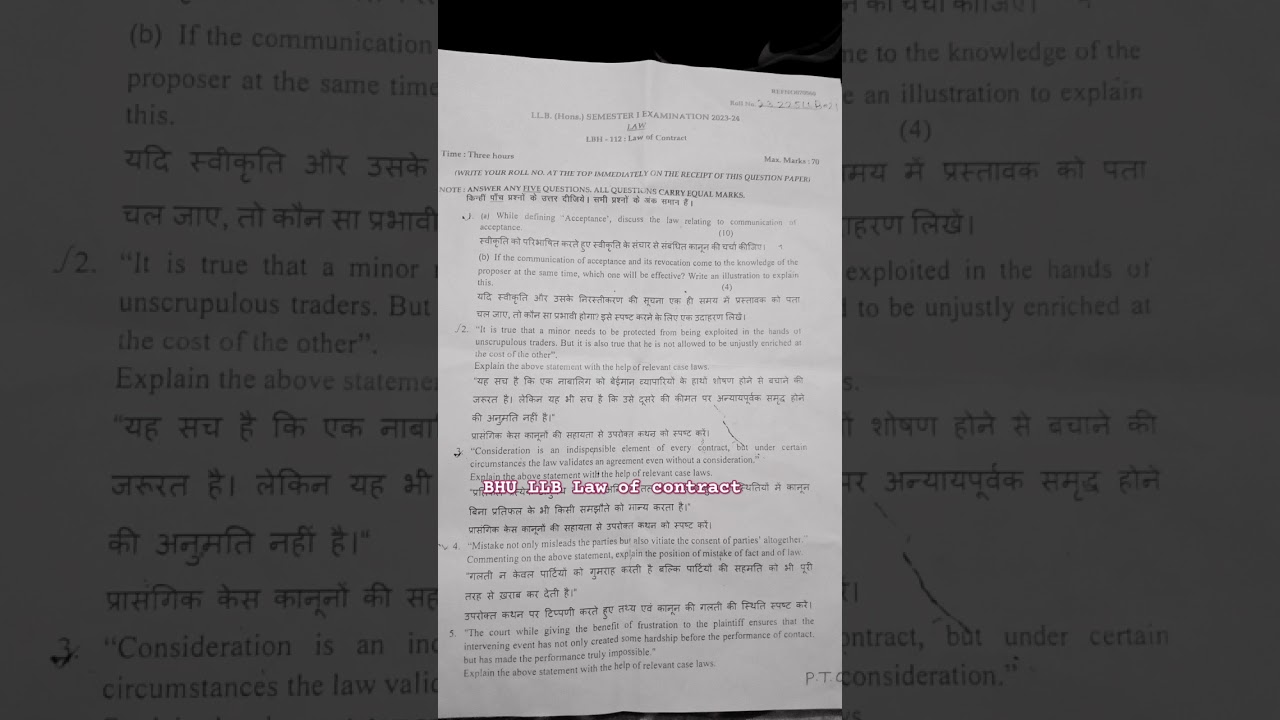 Law of contract paper 2023-24, #bhullb,#dullb ,#aullb etc