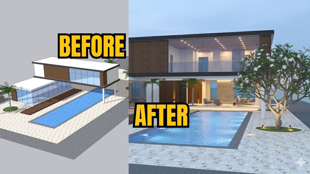 STEP BY STEP EASY AND FAST 3D MODELING LUXURY HOUSE UNTIL REALISTIC RENDER WITH AI