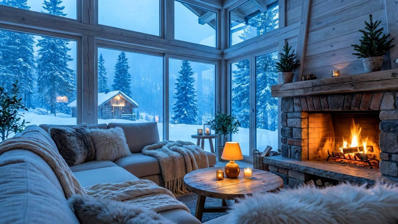 🤍❄️ 10 Hours Gentle Lounge Piano | Warm Fireplace & Snowfall Outside | Calm Focus Work Stress Relief