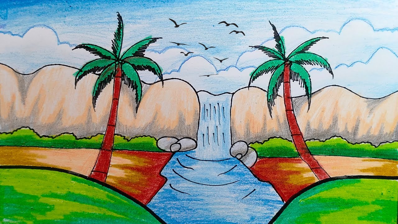 Simple Village Scenery Drawing 🌳 ||  Easy Nature Landscape for Beginners