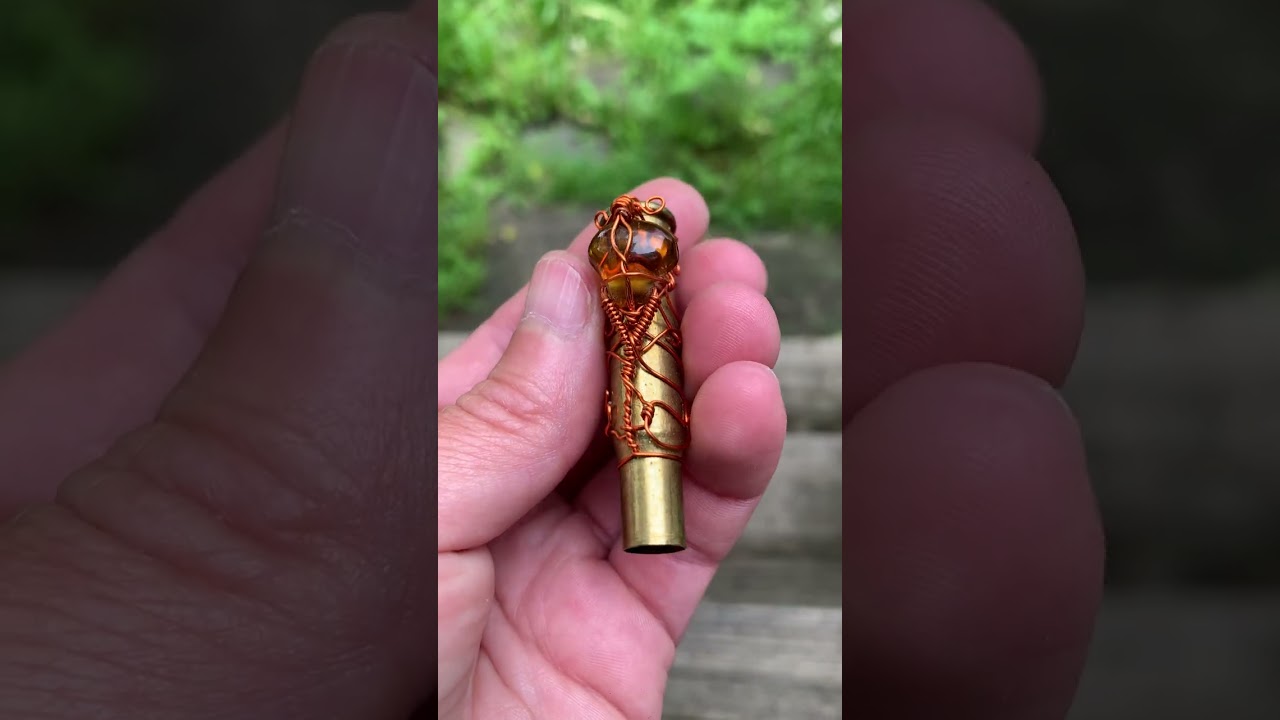 Men's Gift Brass Bullet Shell Necklace Orange Wire Wrap Pendant W/ Glass Bead
