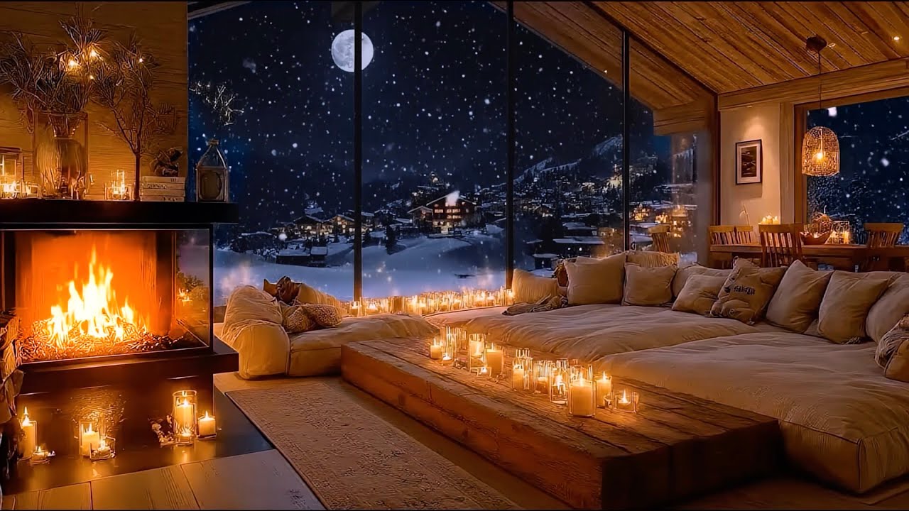 🔥 Cozy Winter Fireplace | 🌕 Full Moon Night | Relaxing Crackling Fire Ambience
