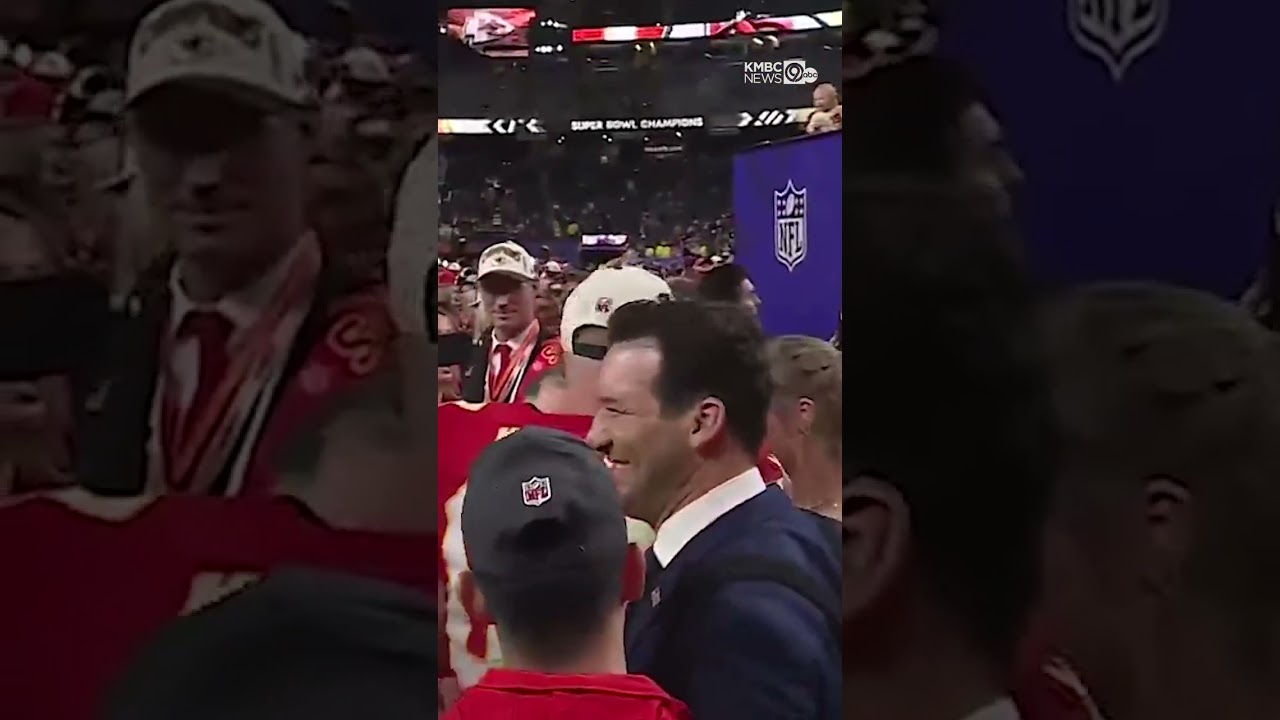 Travis Kelce and Taylor Swift on the field after Super Bowl 58