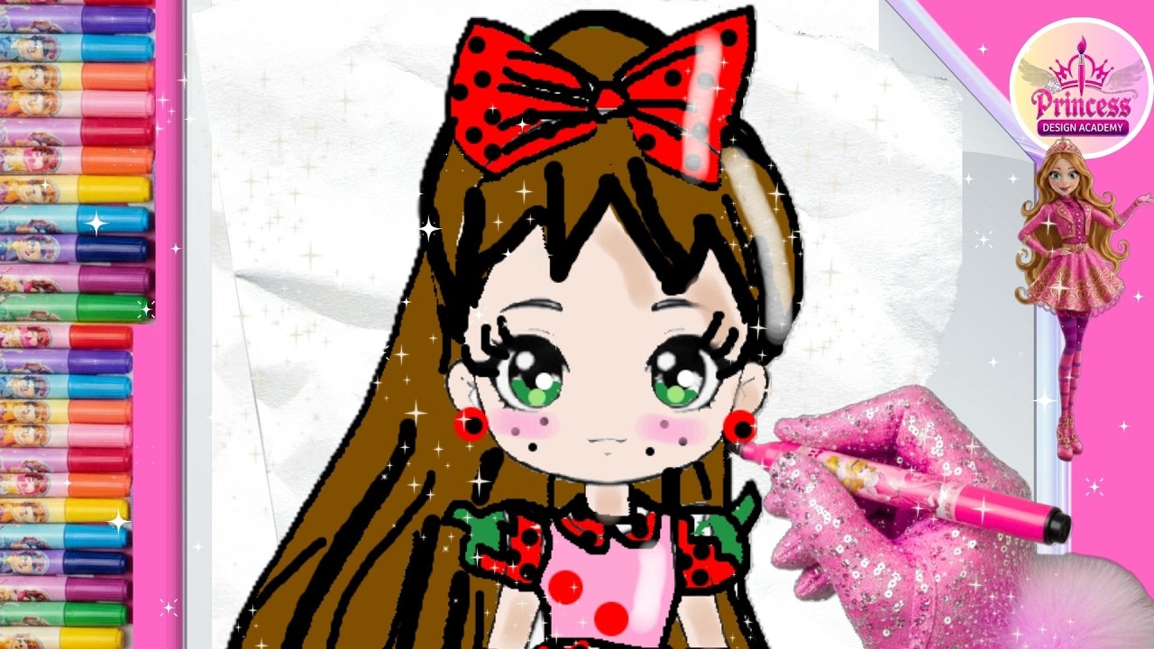 How to draw a cute sparkly Strawberry Girl using a Fashion Dress! Drawing & Coloring for Kids