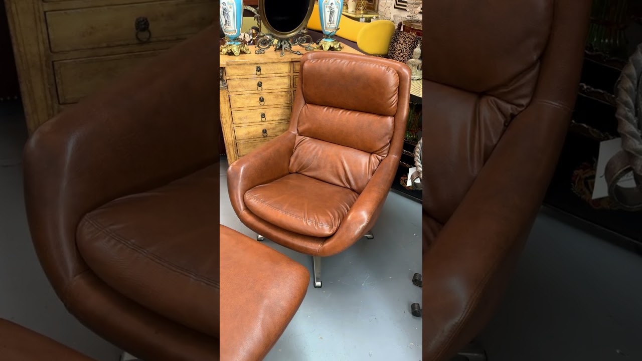 Swedish Mid Century Modern Brown Faux Leather Lounge Chair & Ottoman